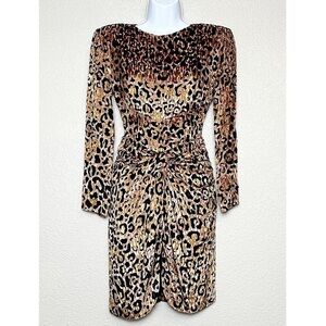 VICKY TIEL Silk Leopard Velvet Burnout Long Sleeve Ruched Fitted Mini Dress XS
